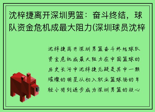 沈梓捷离开深圳男篮：奋斗终结，球队资金危机成最大阻力(深圳球员沈梓捷是哪里人)